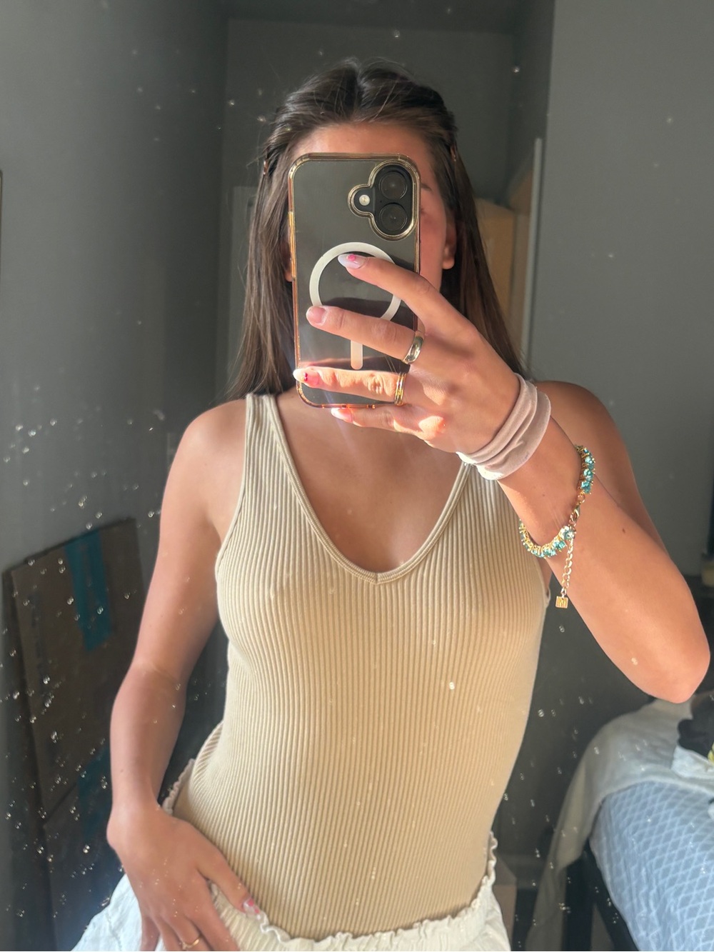 Beige Ribbed V-Neck Tank Body Suit